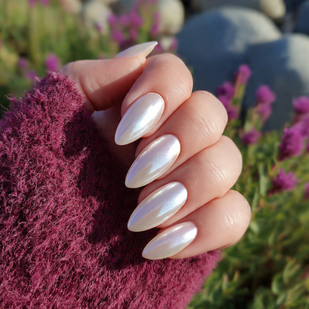 attractive pearl shimmer almond nails with outdoor