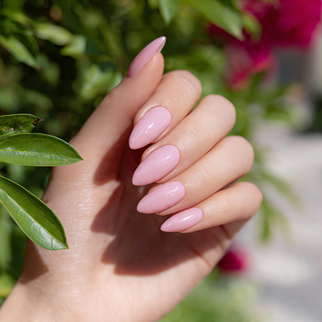 attractive pearly glazed pink almond nails with su
