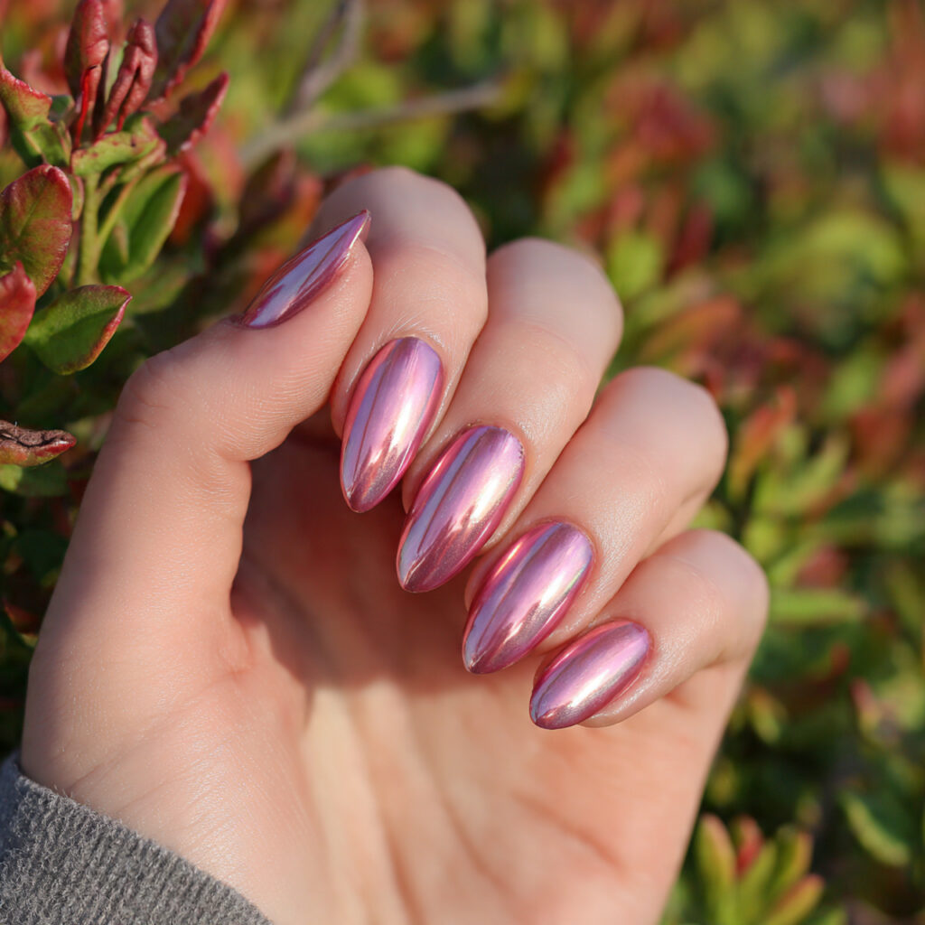 attractive pearly pink chrome glaze nails with out