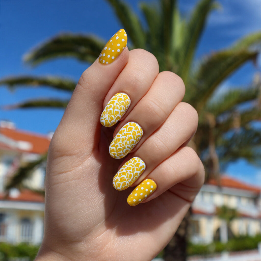 attractive pineapple dot nails in sunny yellow nai