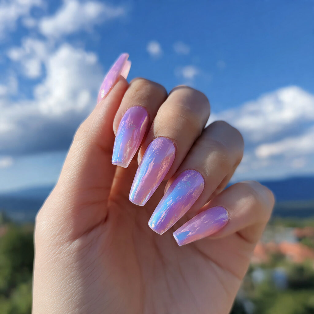 attractive pink and blue aura nails with outdoor b
