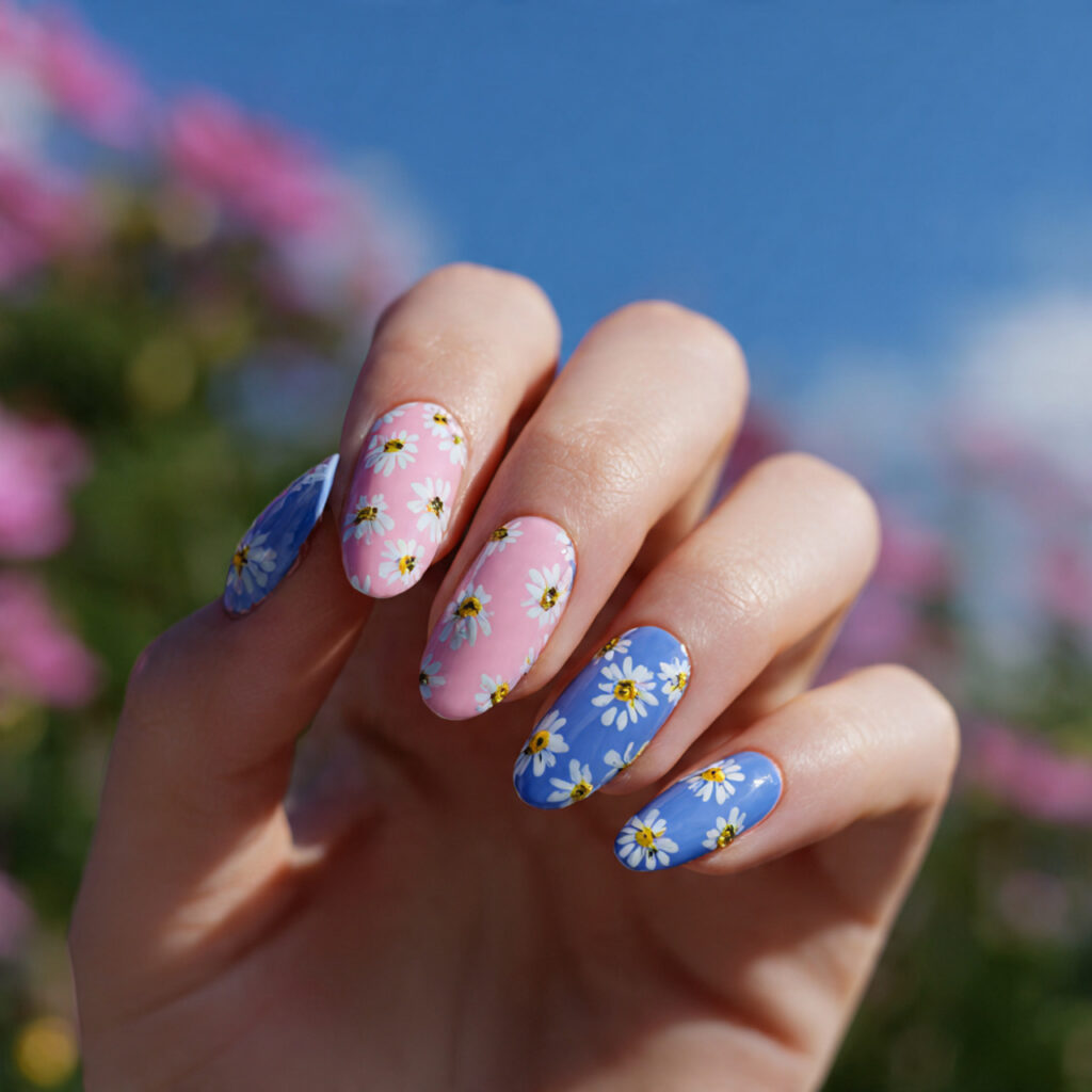 attractive pink and blue daisy nails with outdoor