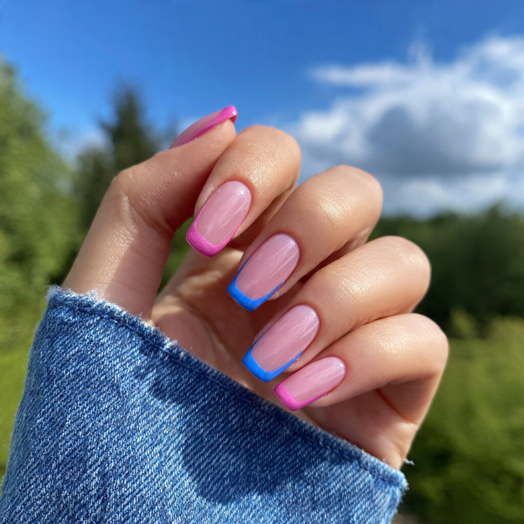 attractive pink and blue french tip nails with out 1