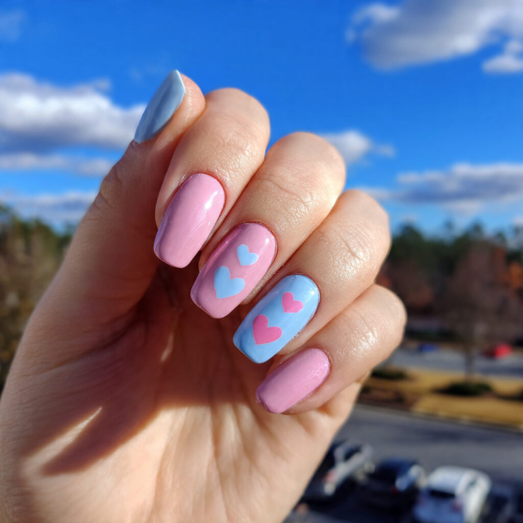 attractive pink and blue heart nails with outdoor