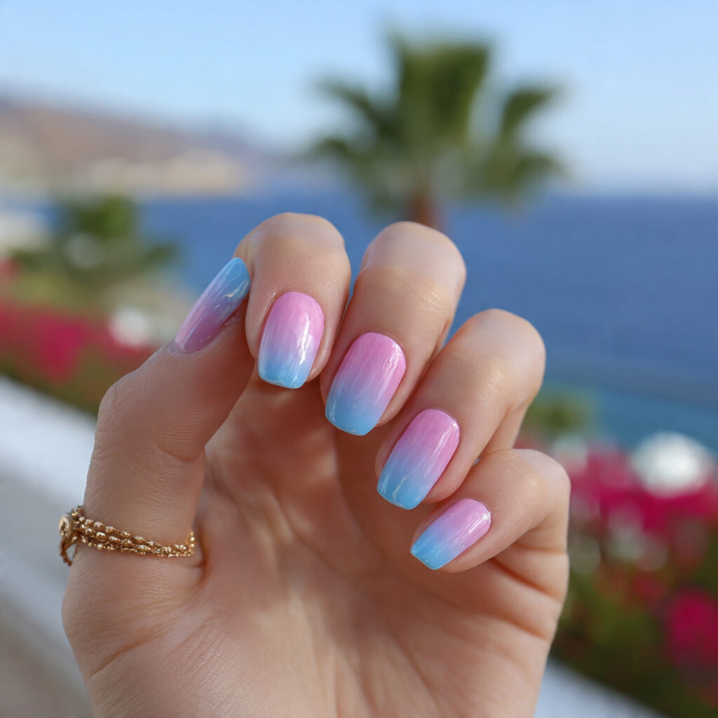attractive pink and blue ombr nails with outdoor b