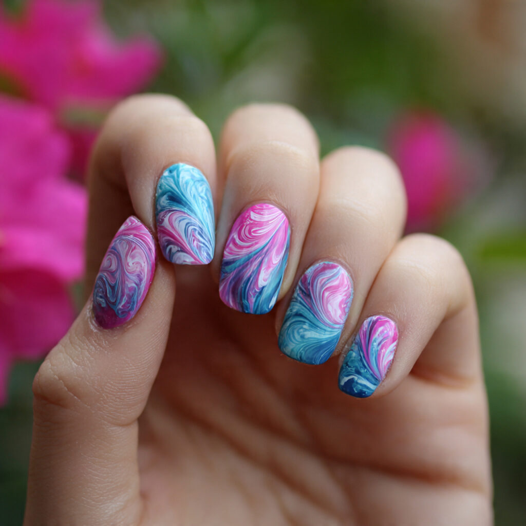 attractive pink and blue swirl nails with outdoor