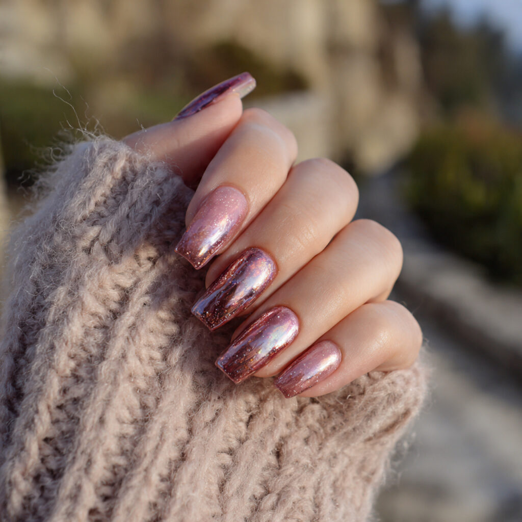 attractive pink and brown aura nails with outdoor 1