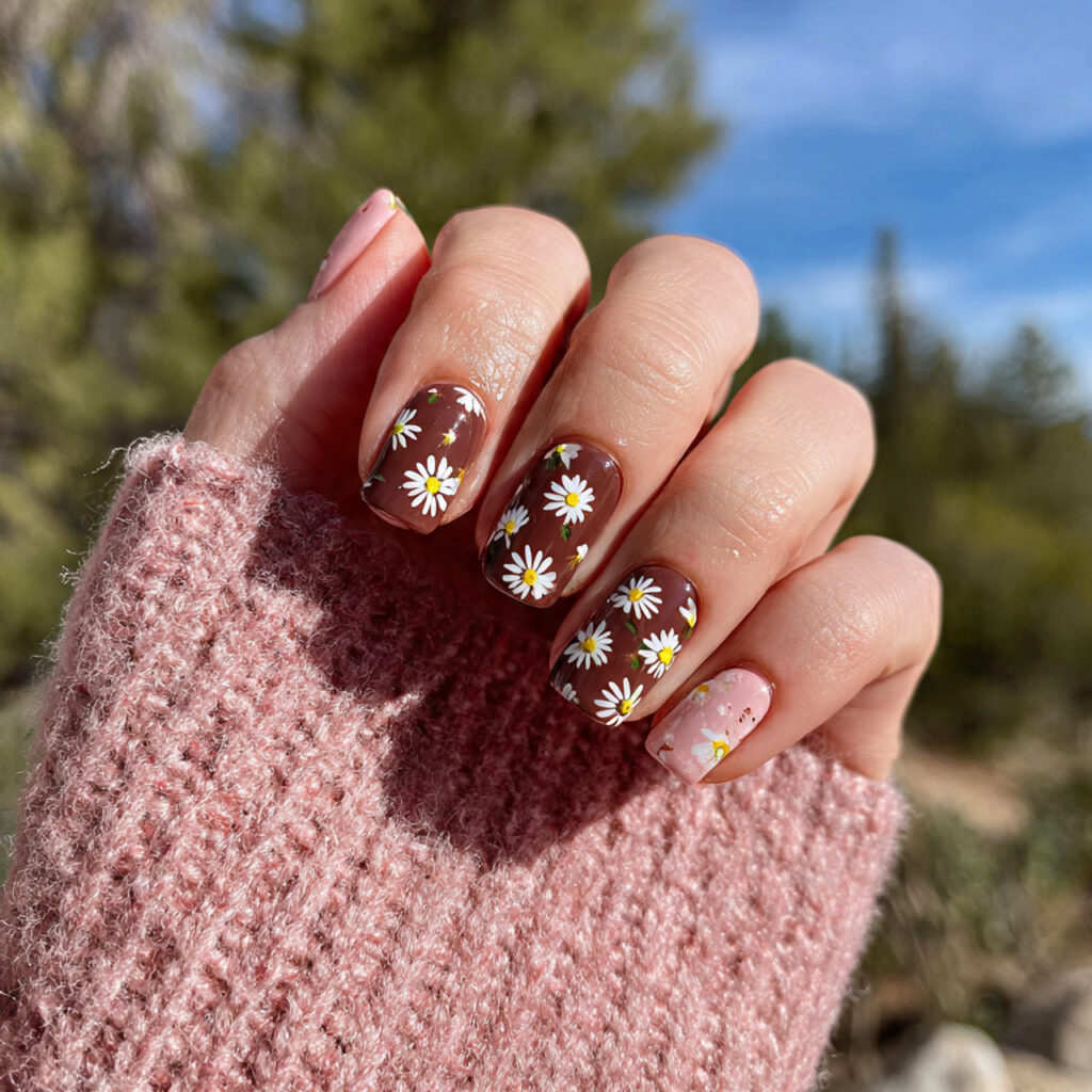attractive pink and brown daisy nails with outdoor