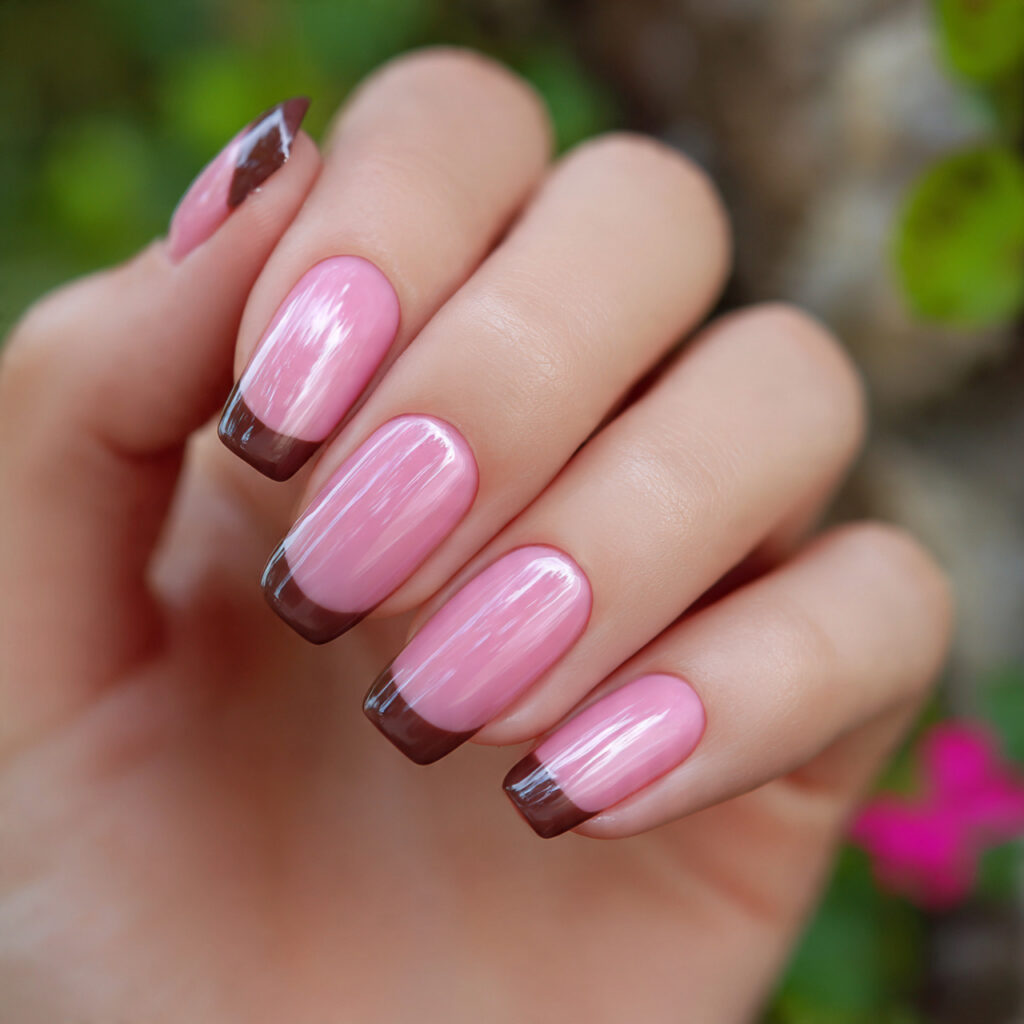 attractive pink and brown french tip nails with ou