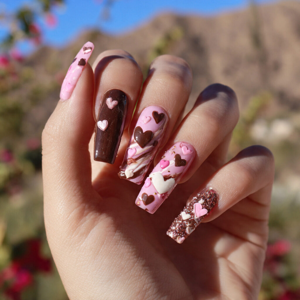 attractive pink and brown heart nails with outdoor