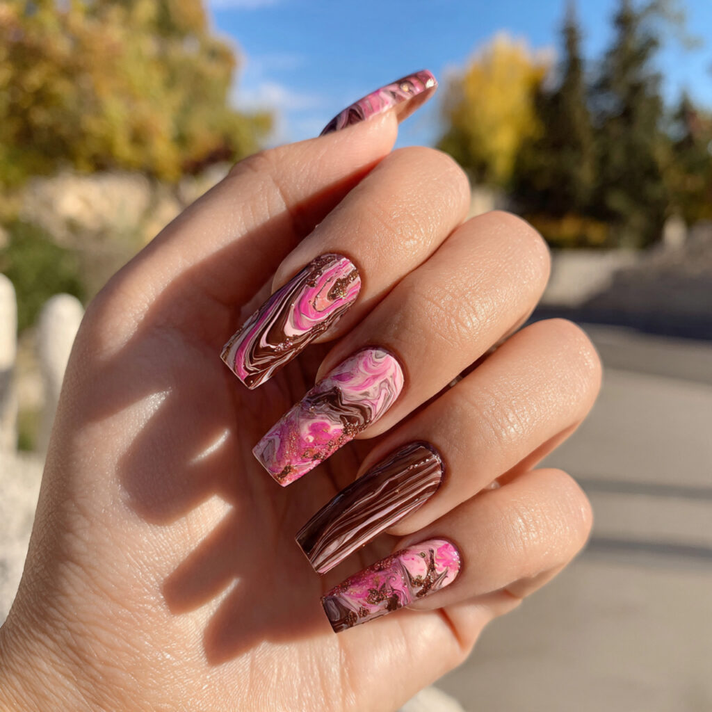 attractive pink and brown swirl nails with outdoor