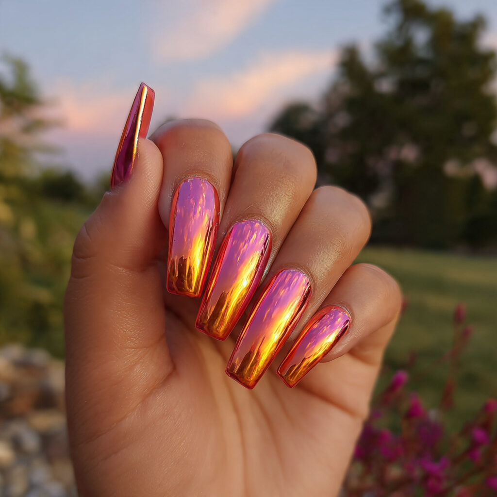 attractive pink and orange chrome nails with outdo