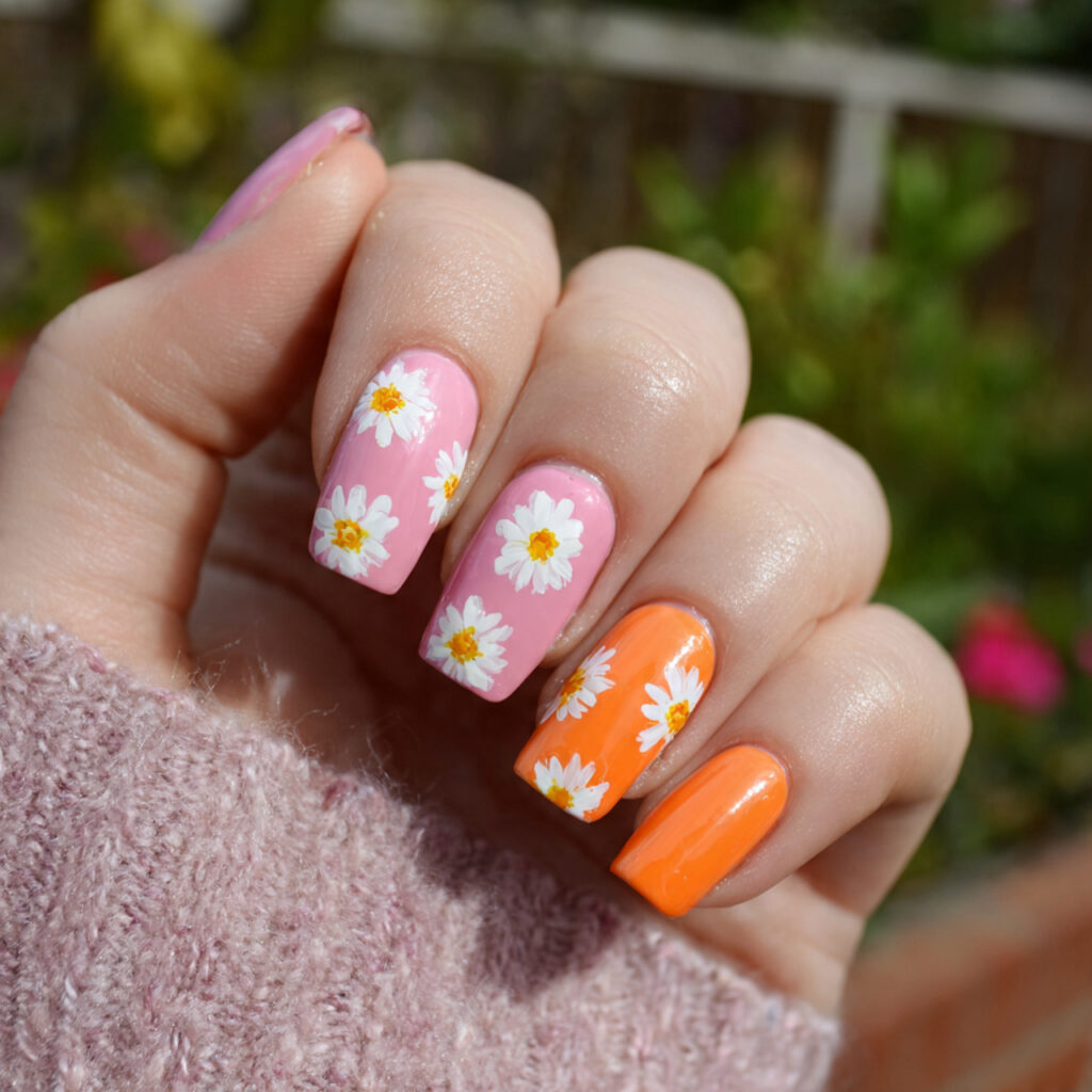 attractive pink and orange daisy nails with outdoo