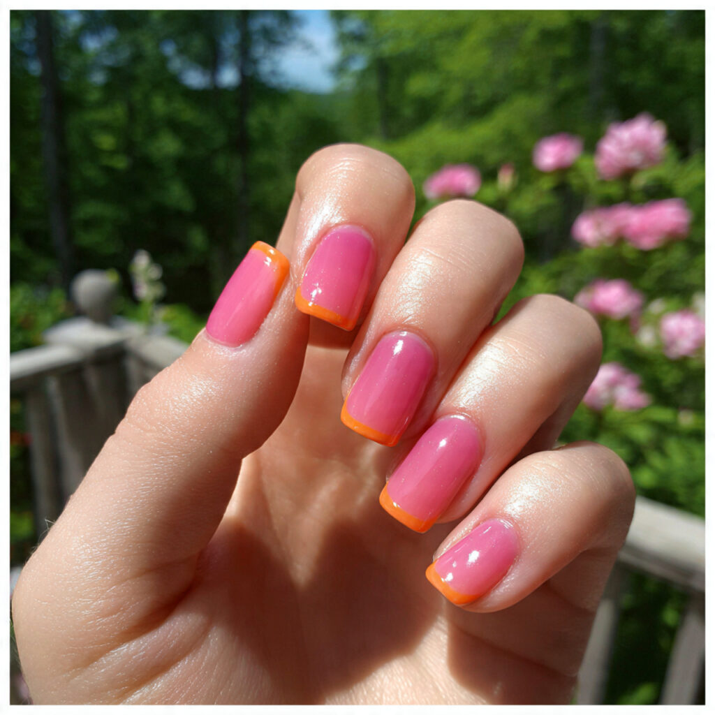 attractive pink and orange french tip nails with o