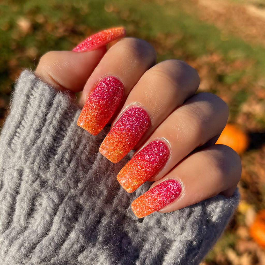 attractive pink and orange glitter ombr nails with