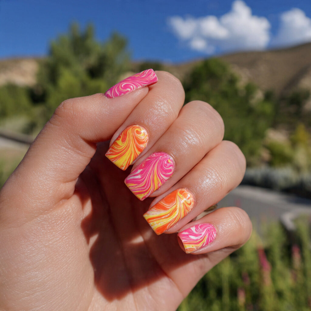 attractive pink and orange swirl nails with outdoo
