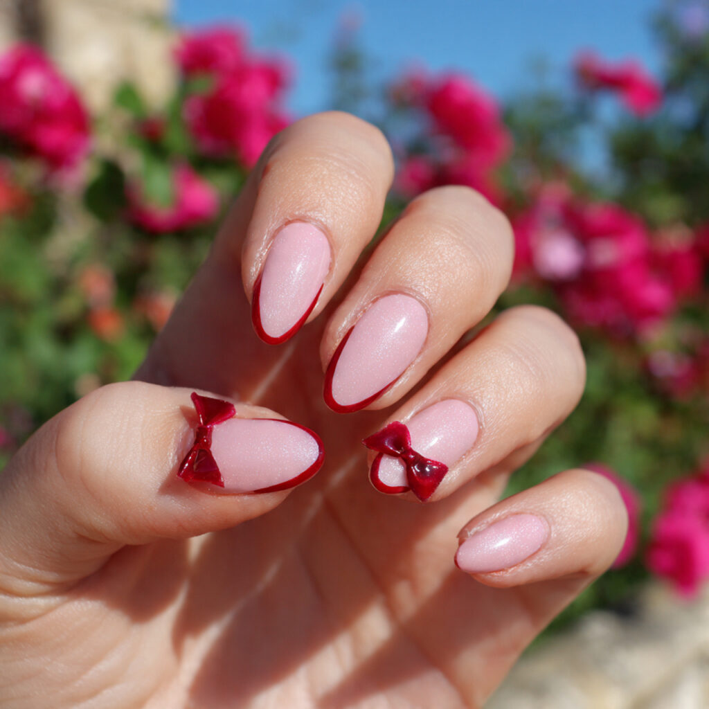 attractive pink and red bow nails with outdoor bac