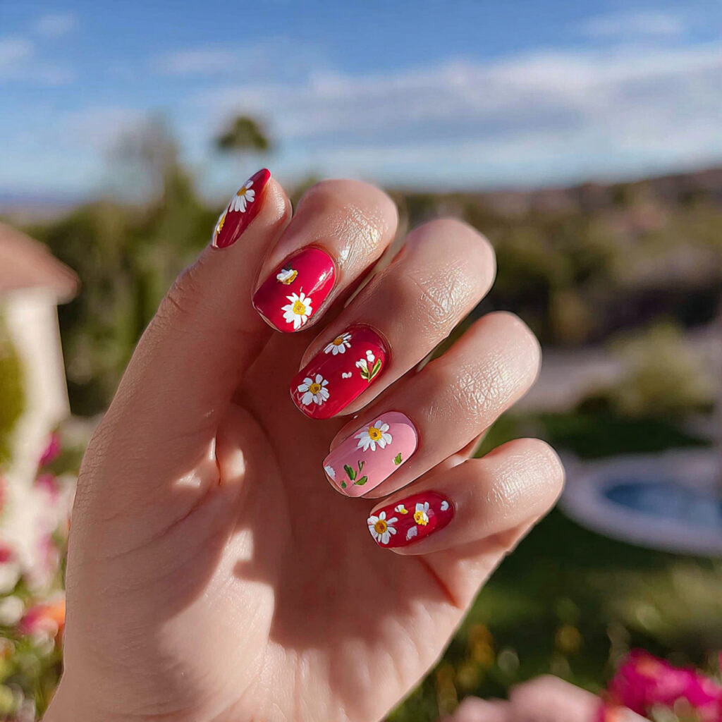 attractive pink and red daisy nails with outdoor b