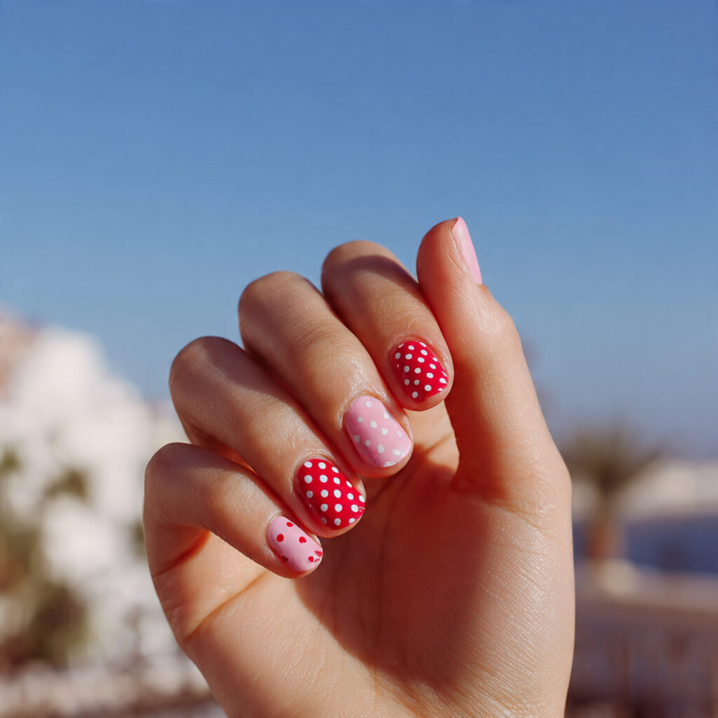 attractive pink and red mixed polka dot nails with