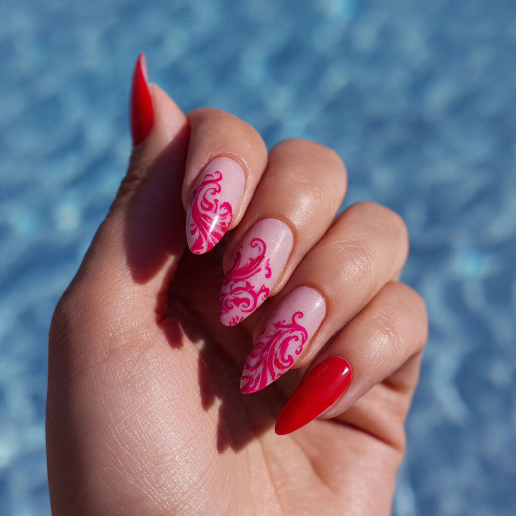 Pink and Red Nails: 15 Flirty, Bold & Pinterest-Perfect Designs You’ll Love 6 attractive pink and red negative space swirls nail