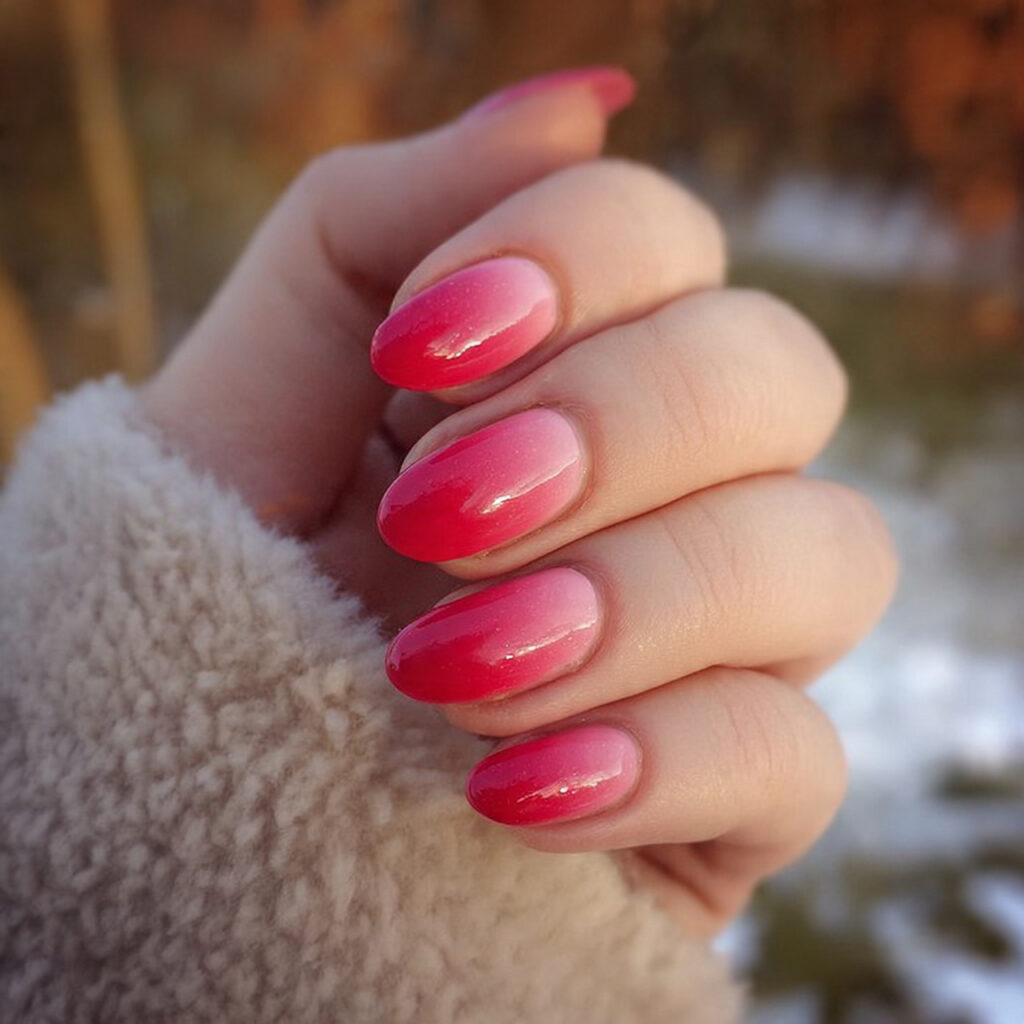 attractive pink and red ombr nails with outdoor ba