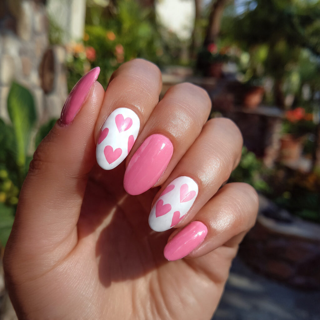attractive pink and white heart nails with outdoor