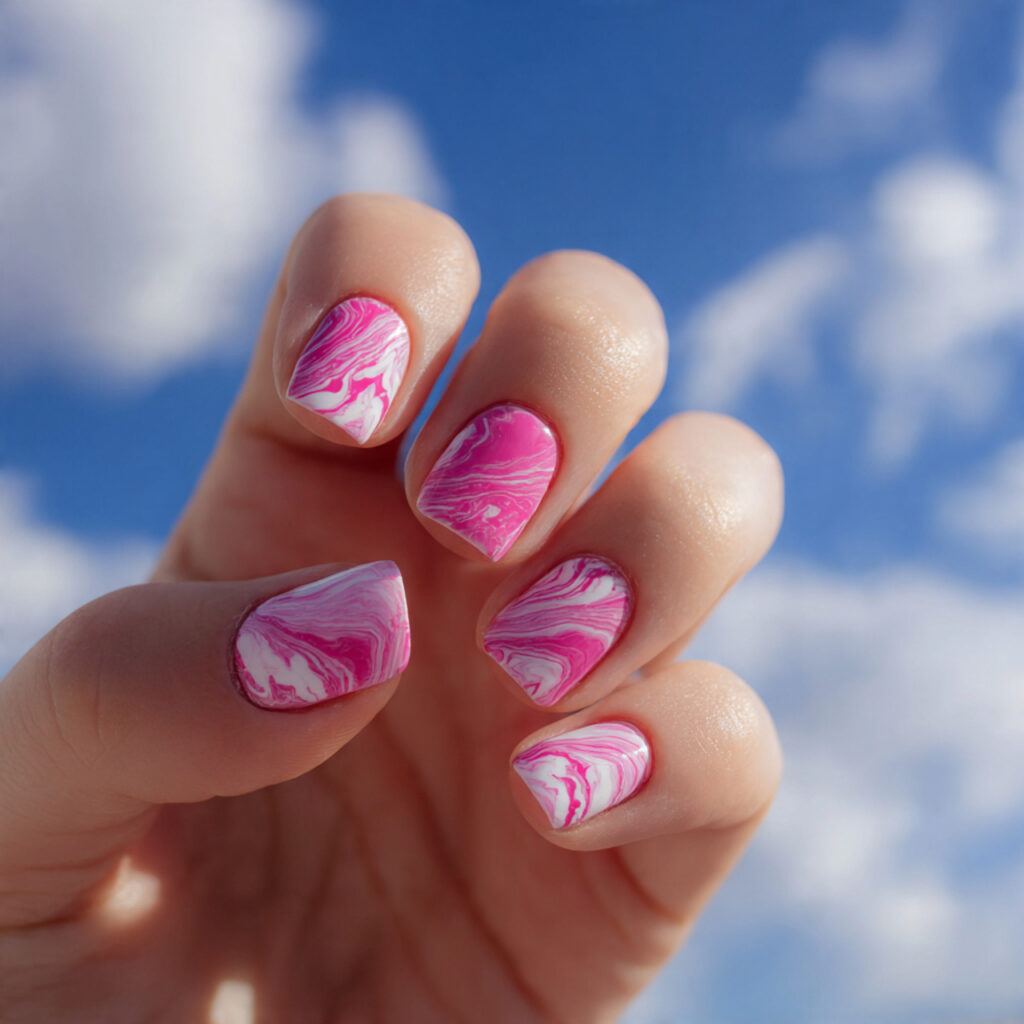 attractive pink and white swirl nails outdoor summ