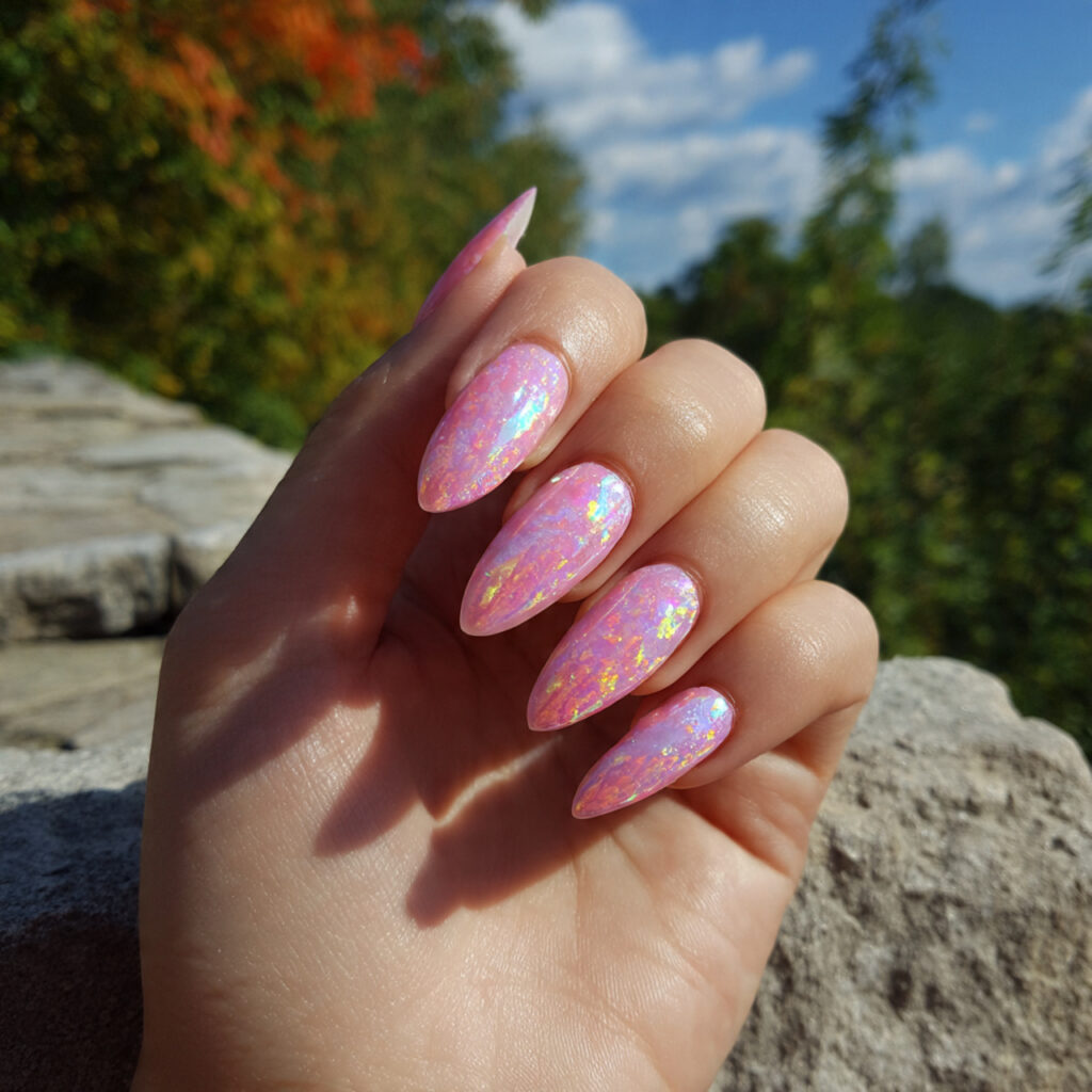 attractive pink aura acrylic nails with outdoor ba