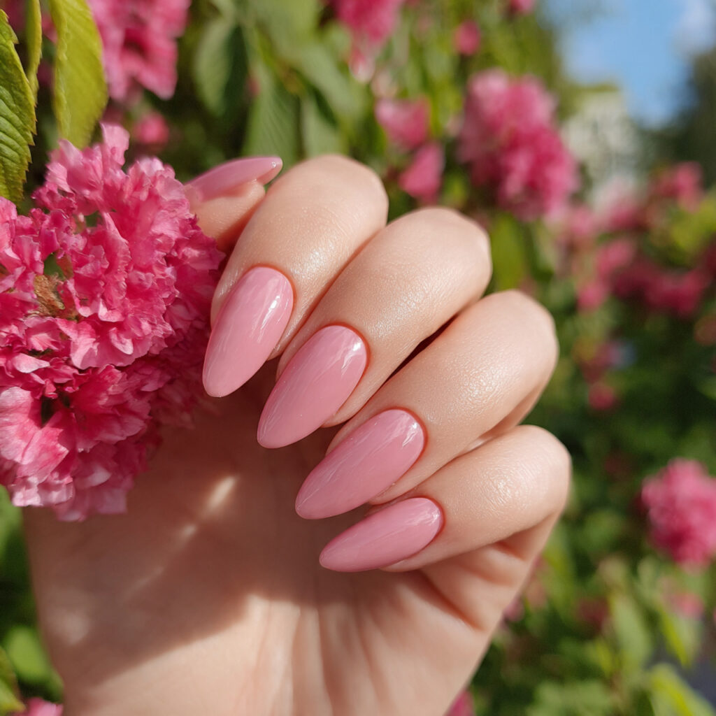 attractive pink aura almond nails with outdoor sum 1 1