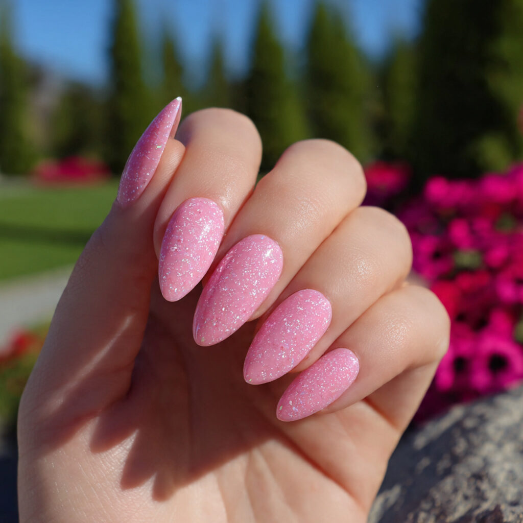 Nail Inspo Almond: 12 Dreamy Almond Nail Ideas You’ll Want to Save Instantly 13 attractive pink aura almond nails with outdoor sum 1