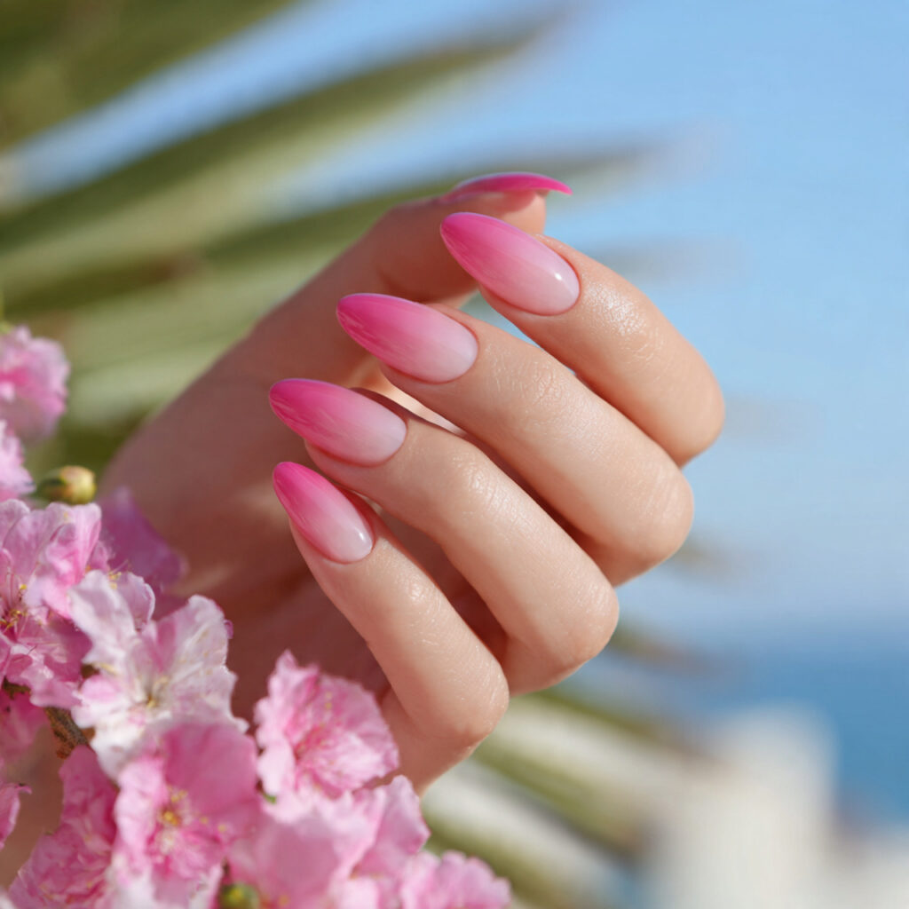 attractive pink aura almond nails with outdoor sum