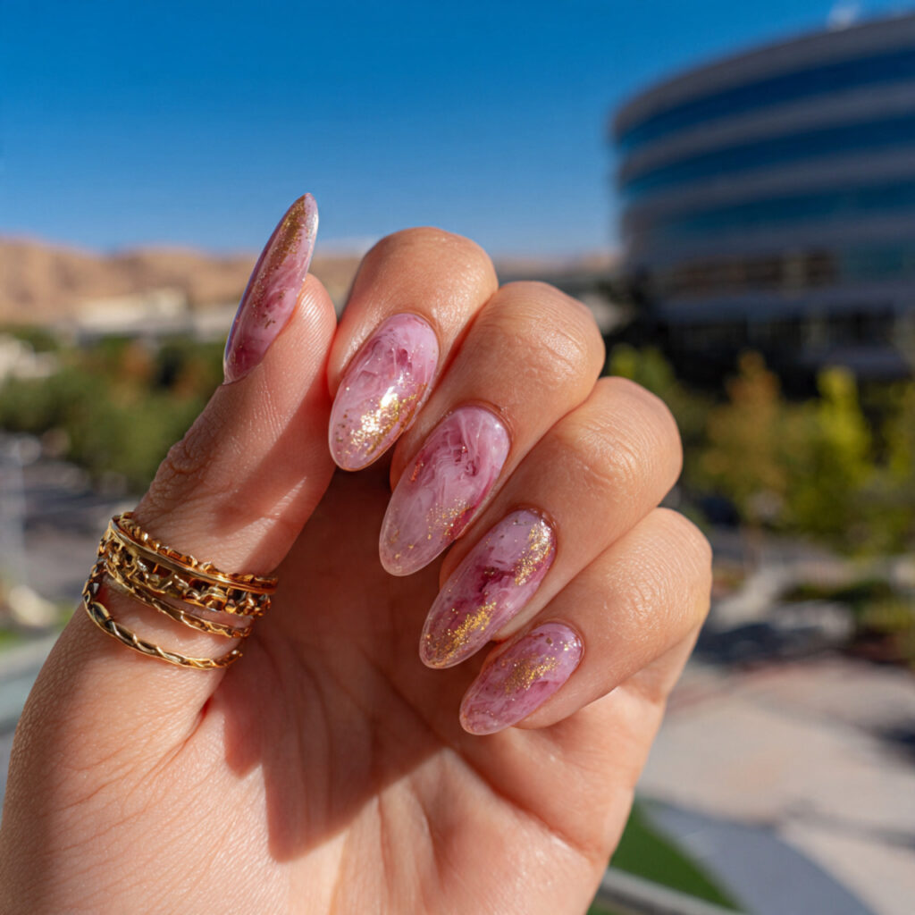 attractive pink aura and gold nails with outdoor b