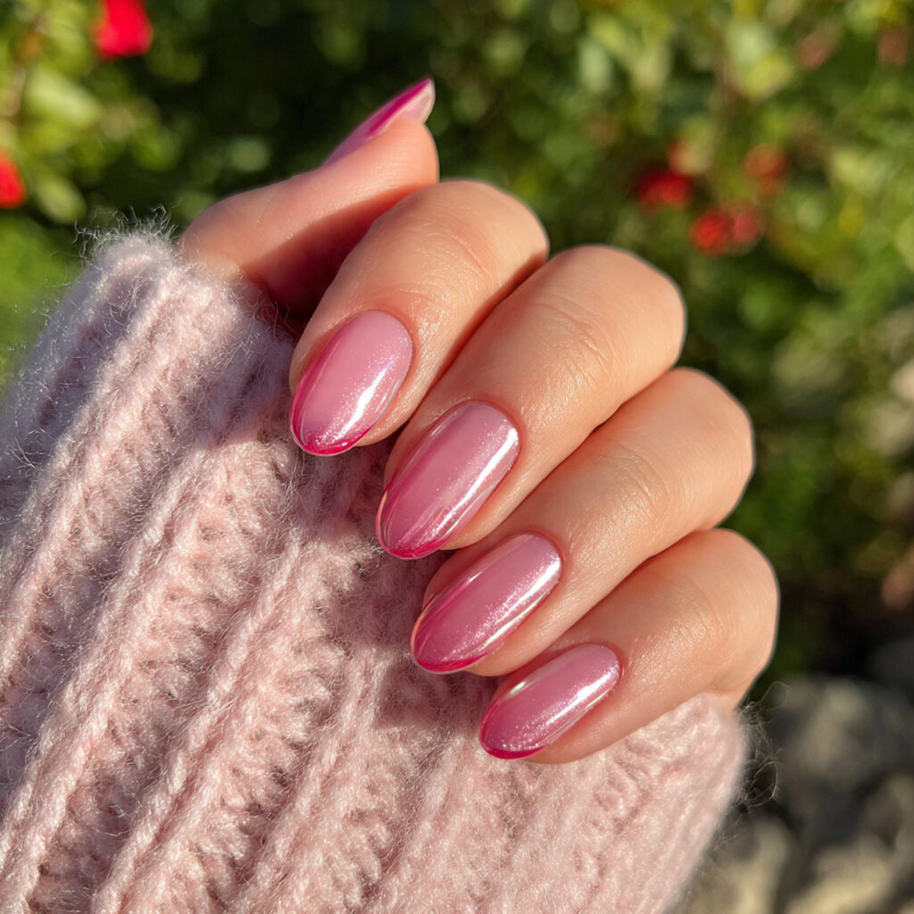 attractive pink aura blush halo nails with outdoor