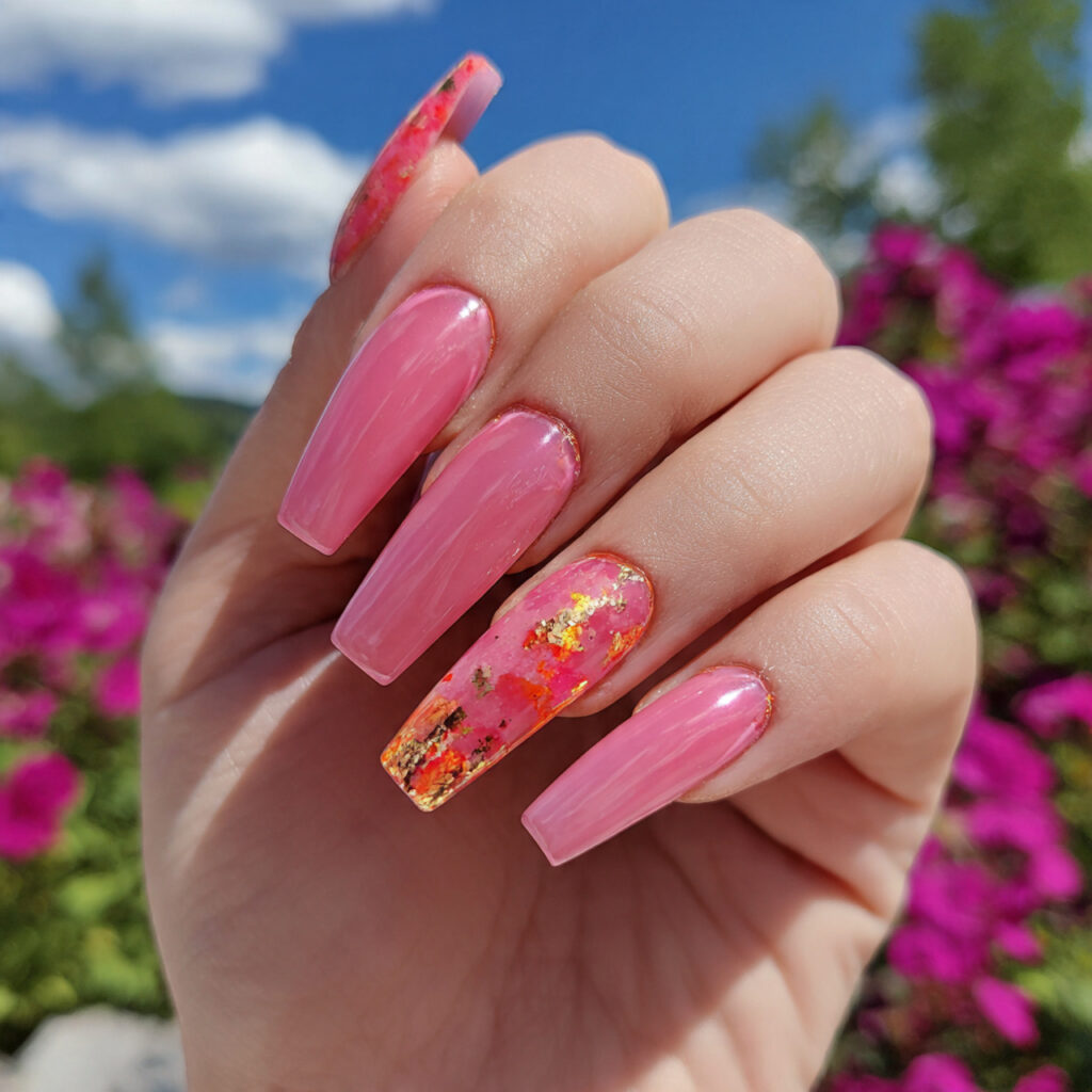 attractive pink aura coffin nails with outdoor sum