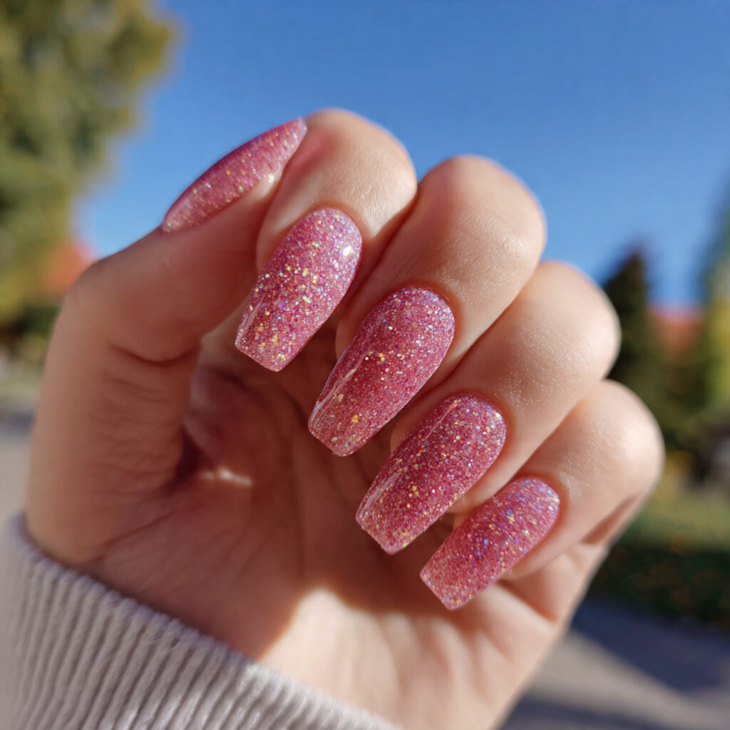 attractive pink aura glitter nails with outdoor ba