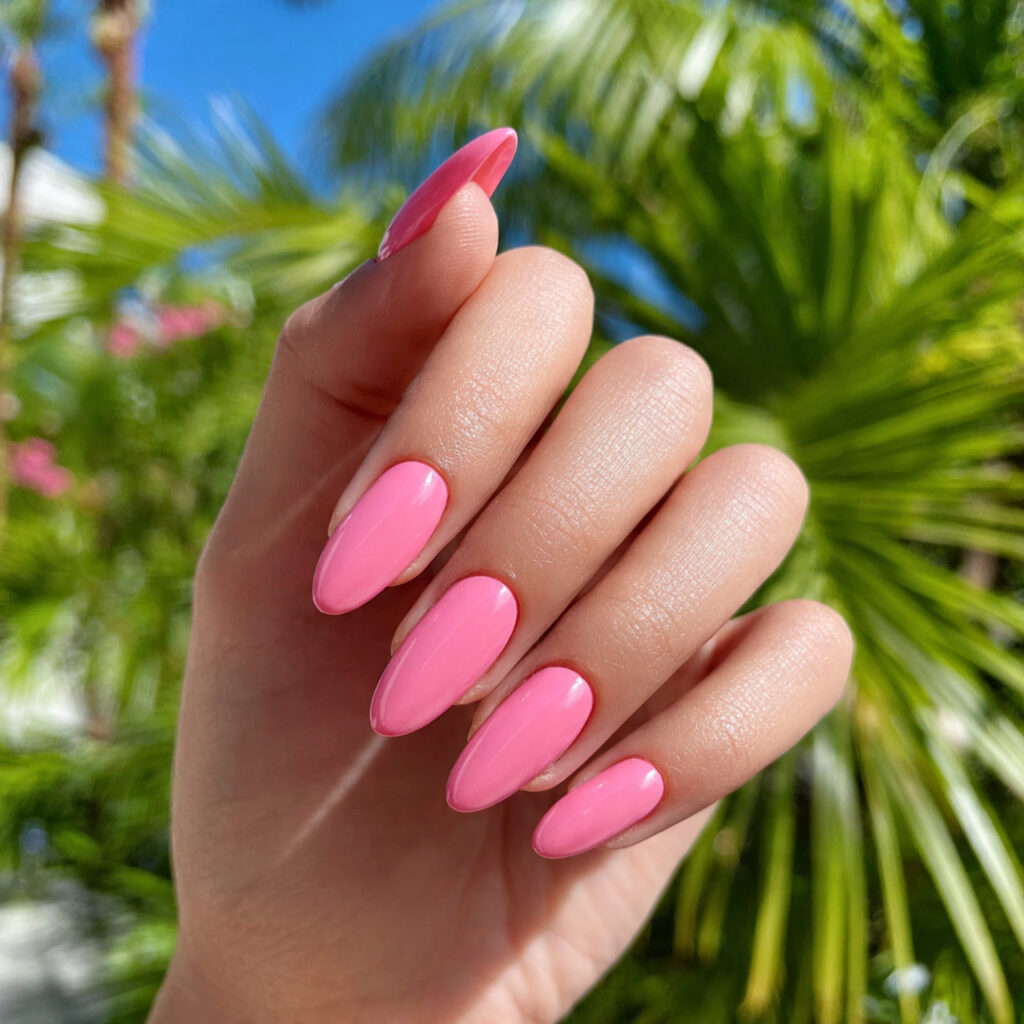 attractive pink aura long almond nailswith outdoor