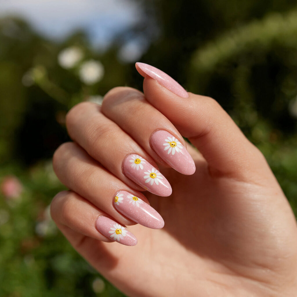 attractive pink aura nails with daisies with outdo