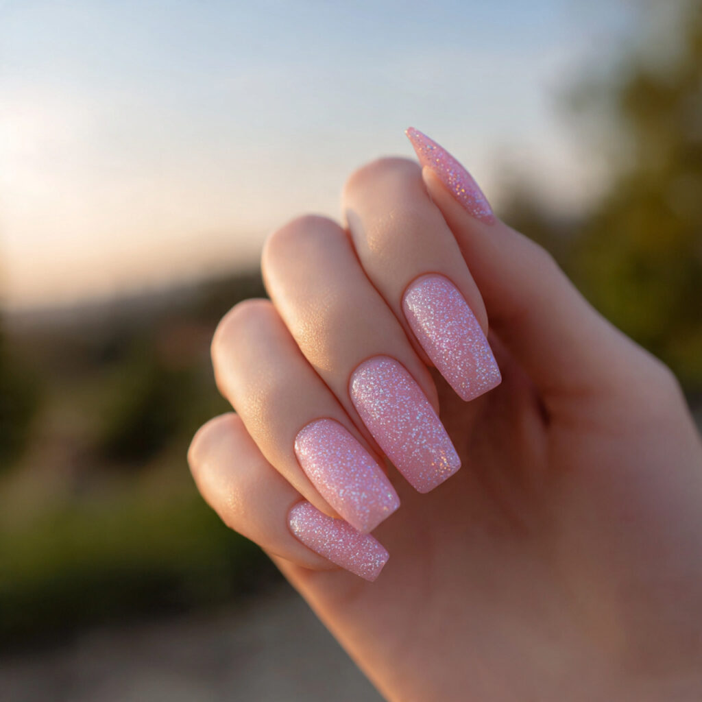 attractive pink aura nails with fine glitter with