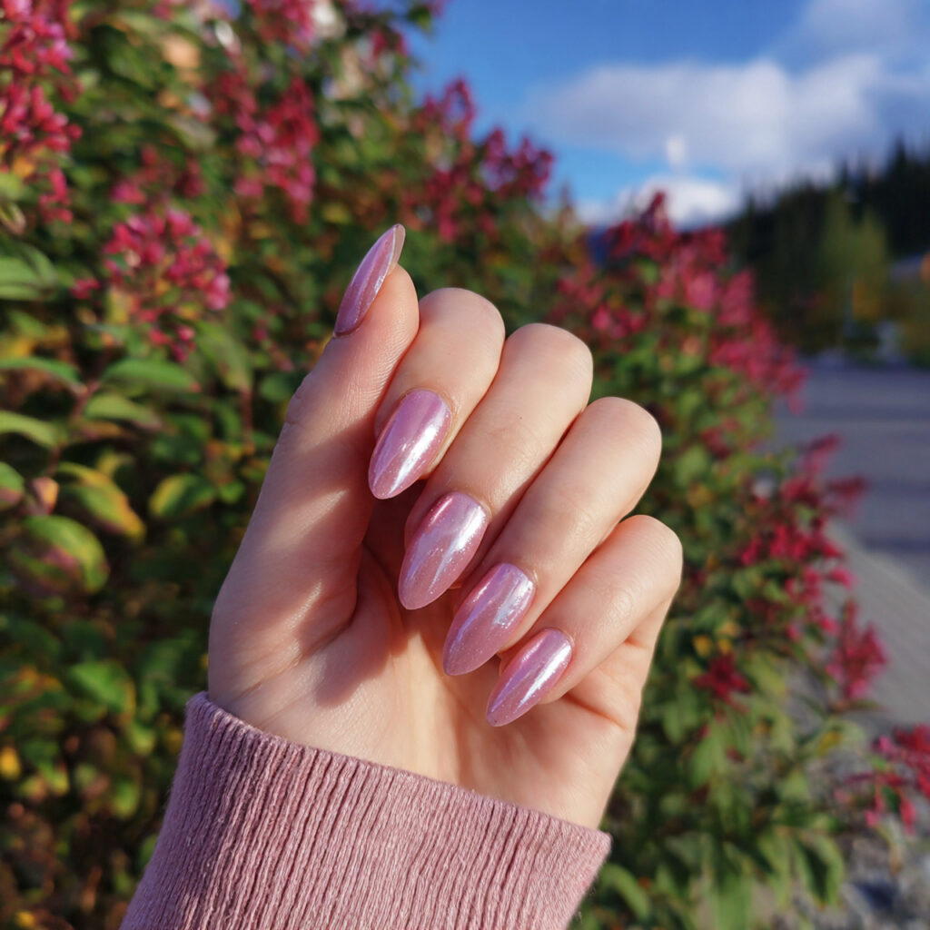 attractive pink aura nails with outdoor background