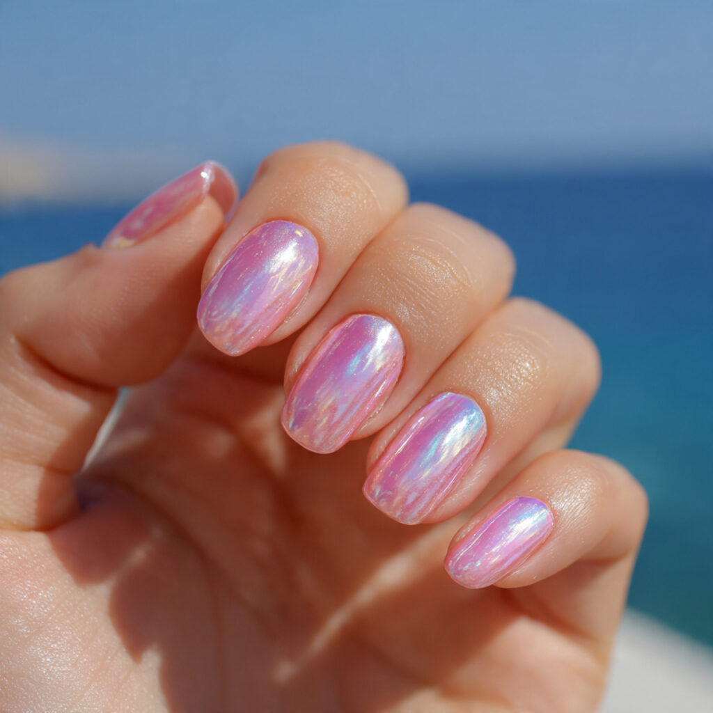 attractive pink aura nails with outdoor background 2