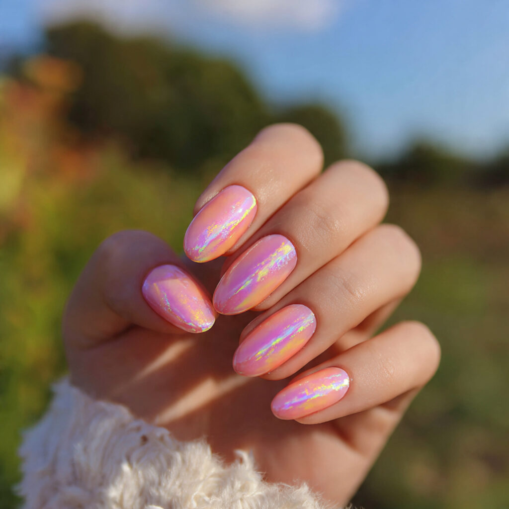 attractive pink aura nails with outdoor summer bac 1