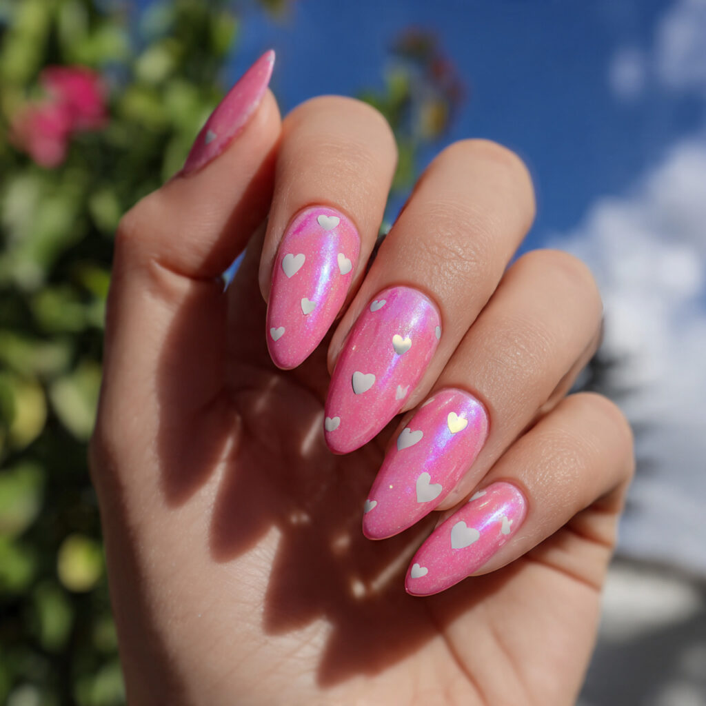 attractive pink aura nails with tiny hearts with o