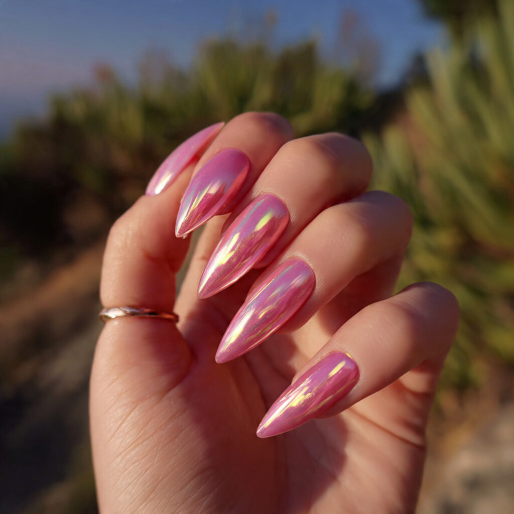 attractive pink aura stiletto nails with outdoor b 1