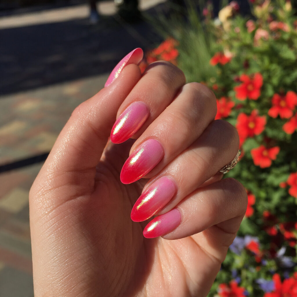Pink and Red Nails: 15 Flirty, Bold & Pinterest-Perfect Designs You’ll Love 14 attractive pink aura with red glow center nails wi