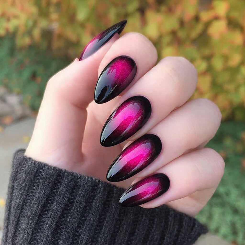 attractive pink cat eye and black nails with outdo 1