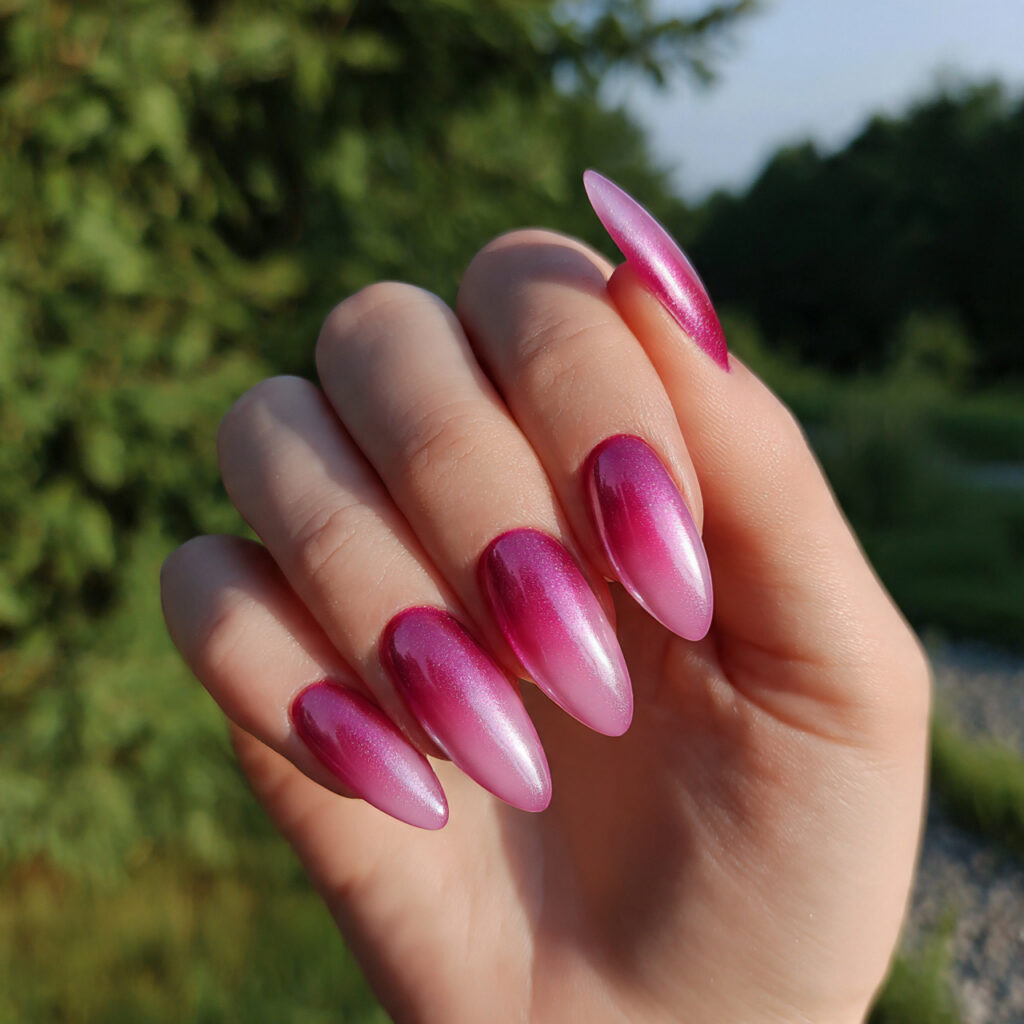 attractive pink cat eye aura nails with outdoor ba