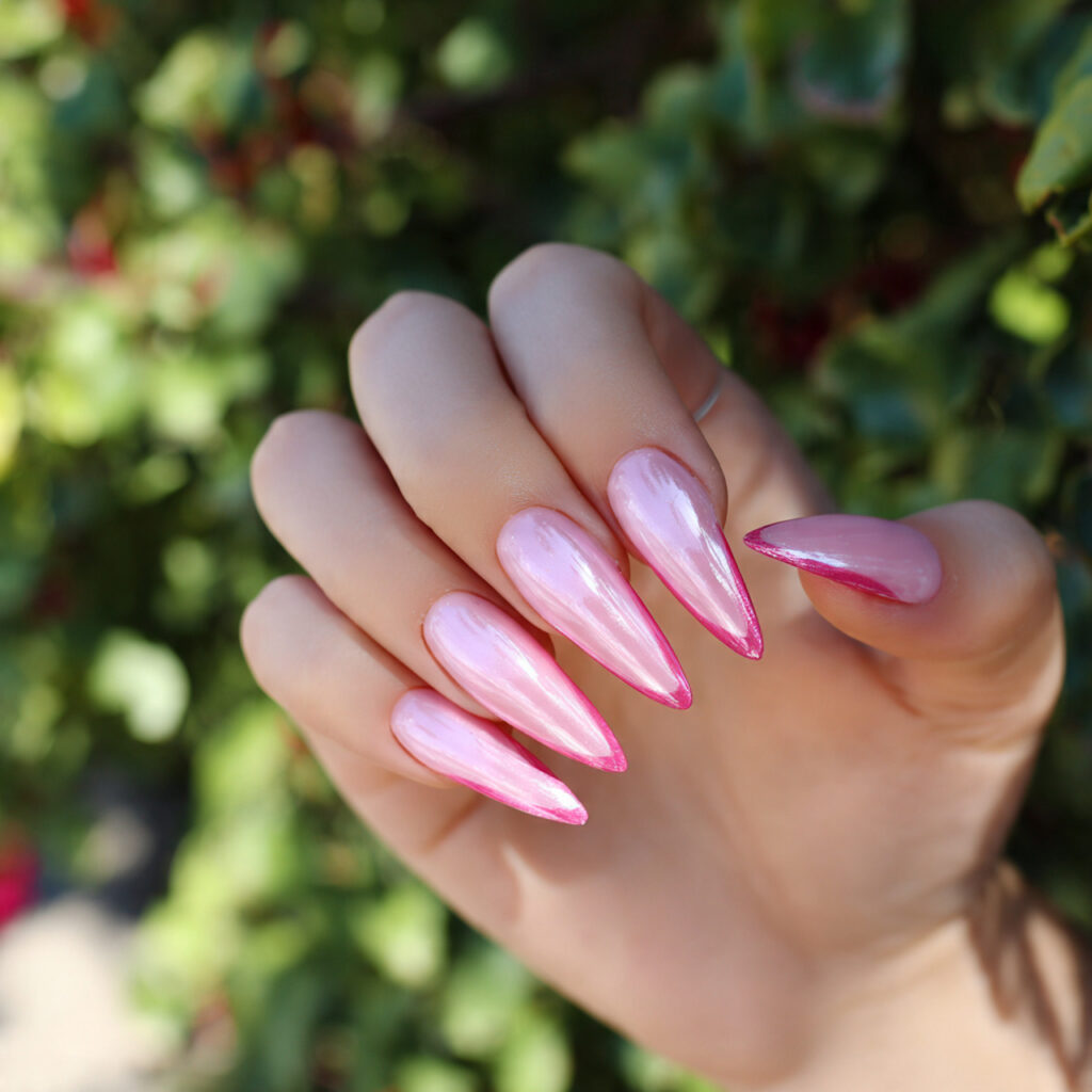 attractive pink cat eye stiletto nails with outdoo 2