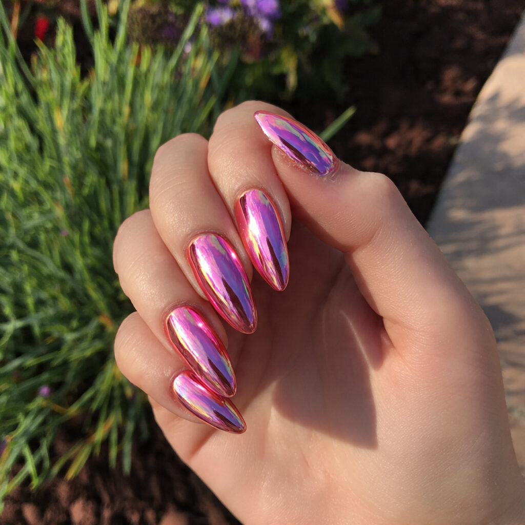 attractive pink chrome almond nails with outdoor s
