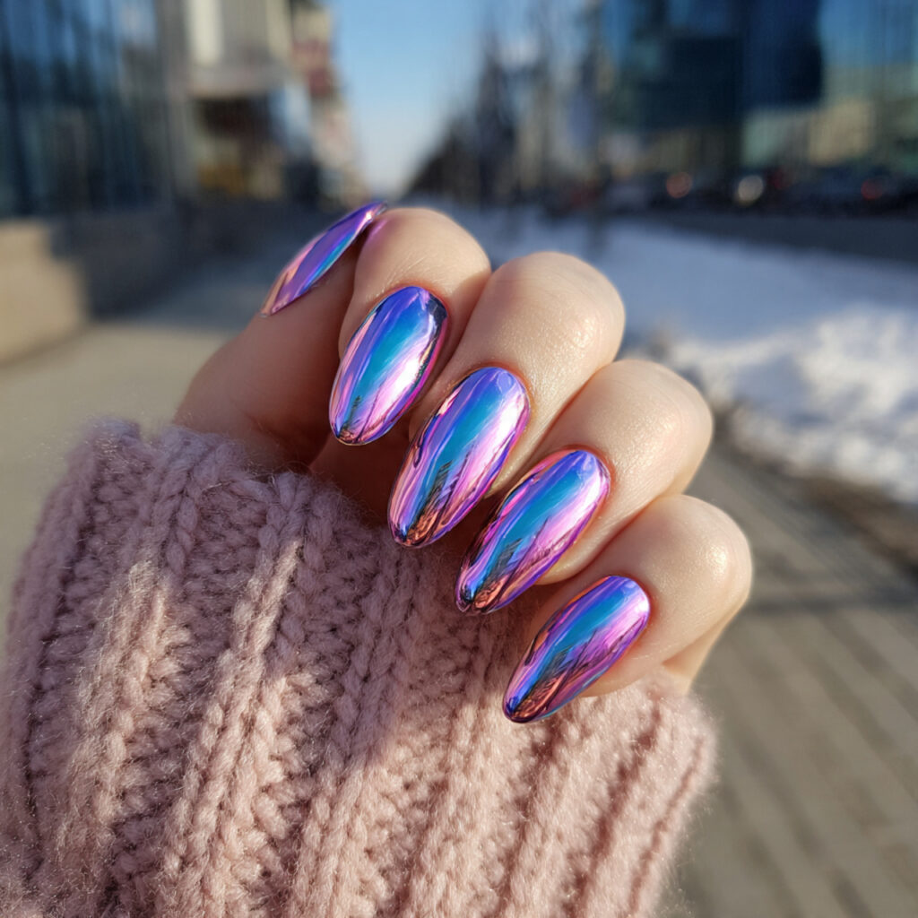 attractive pink chrome and blue chrome nail with o 1