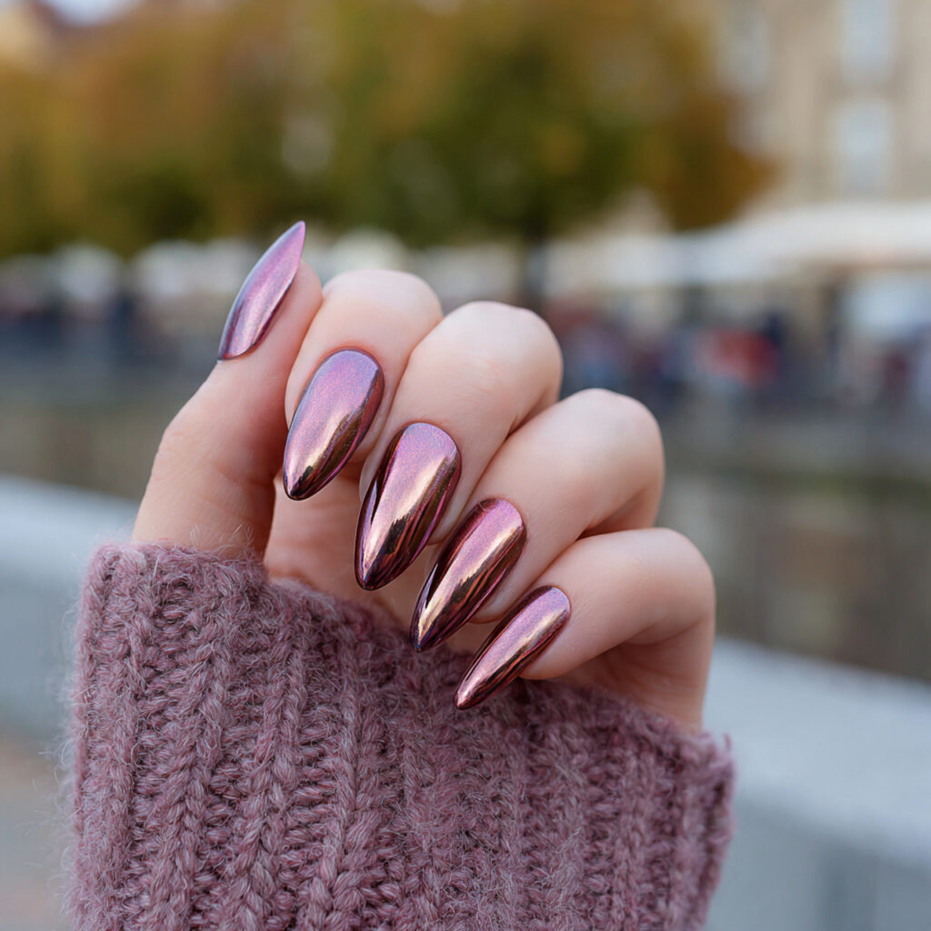 attractive pink chrome and brown nails with outdoo